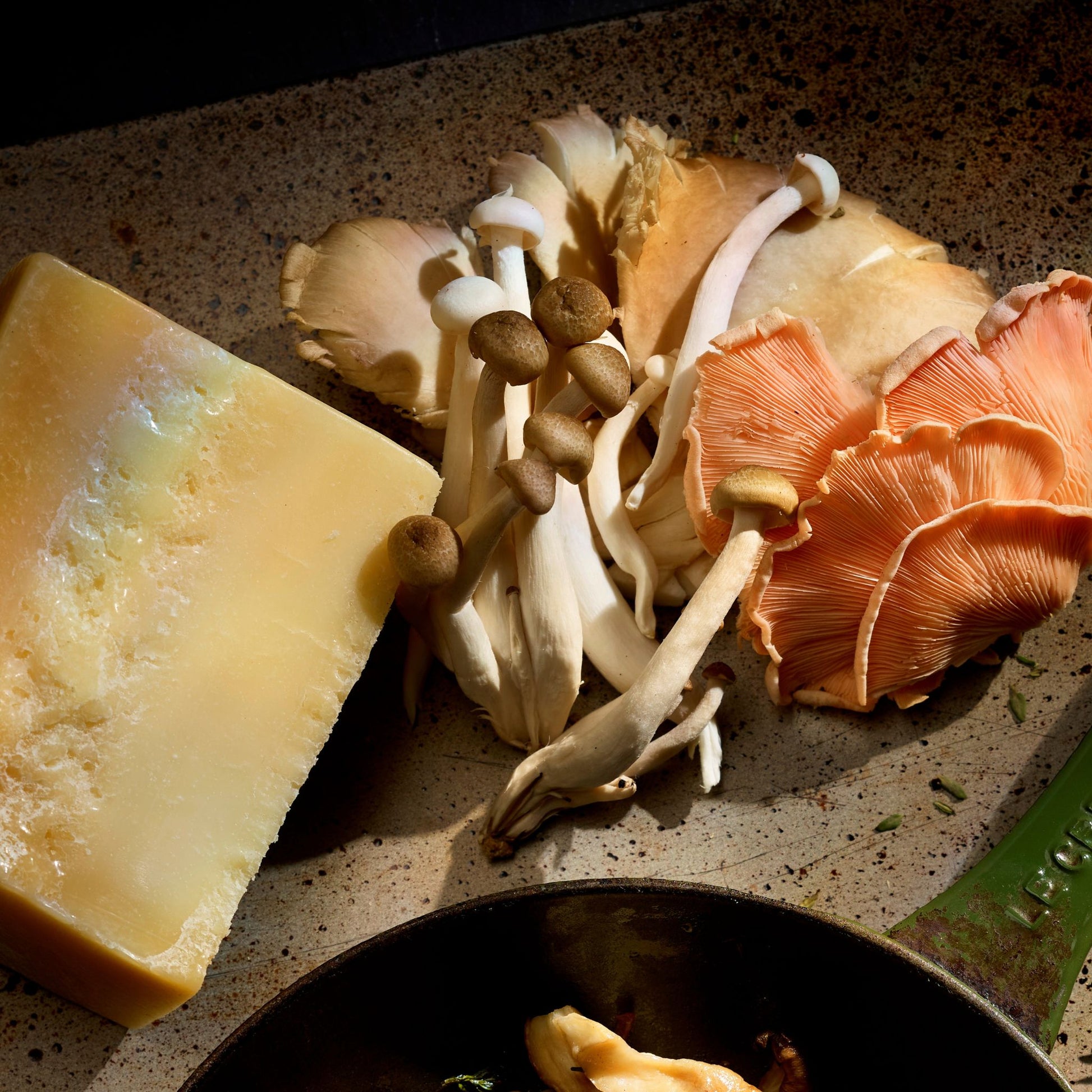 Pink Oyster mushrooms and a block of Parmesan cheese