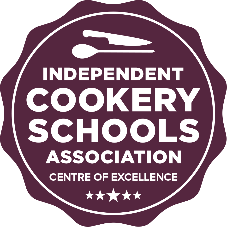 Independent Cookery Schools Association Centre of Excellence logo - purple rosette with 5 stars
