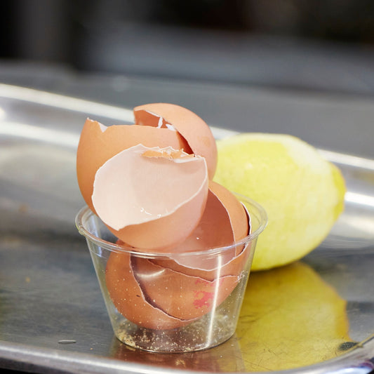 Egg shells in a pot with a lemon in the background