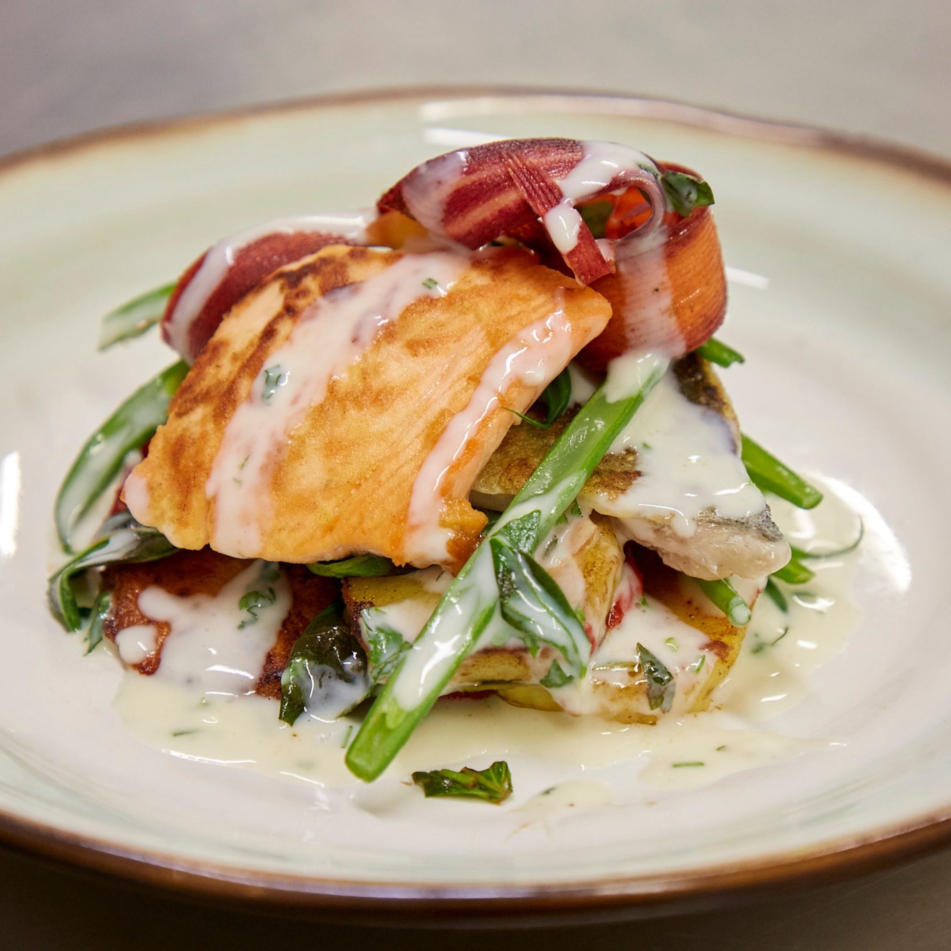 Plated piece of fish with vegetables and herbs and white sauce