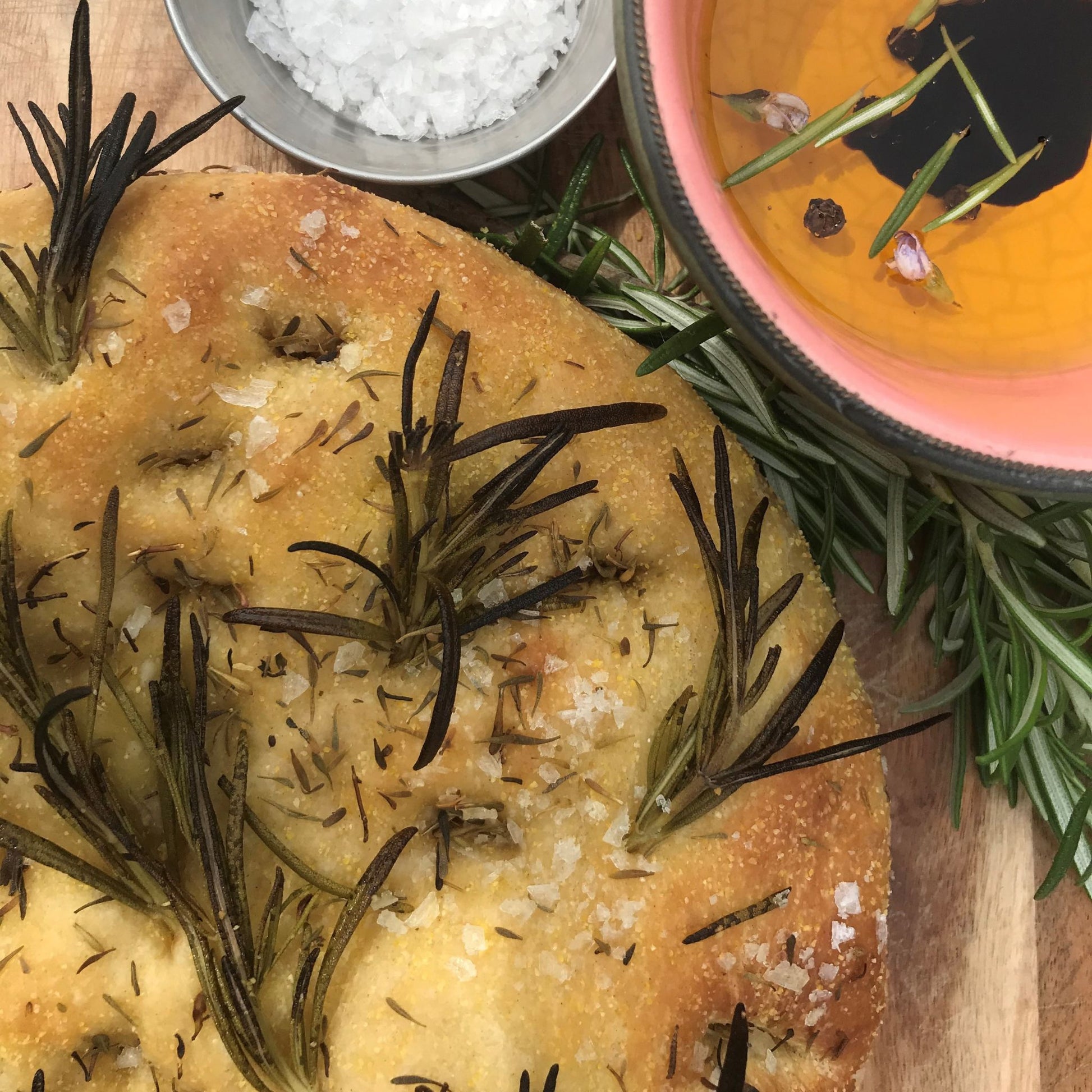 Gluten free focaccia with rosemary, salt and olive oil