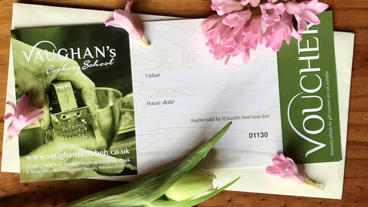 Gift voucher for Vaughan's Cookery School with spring flowers