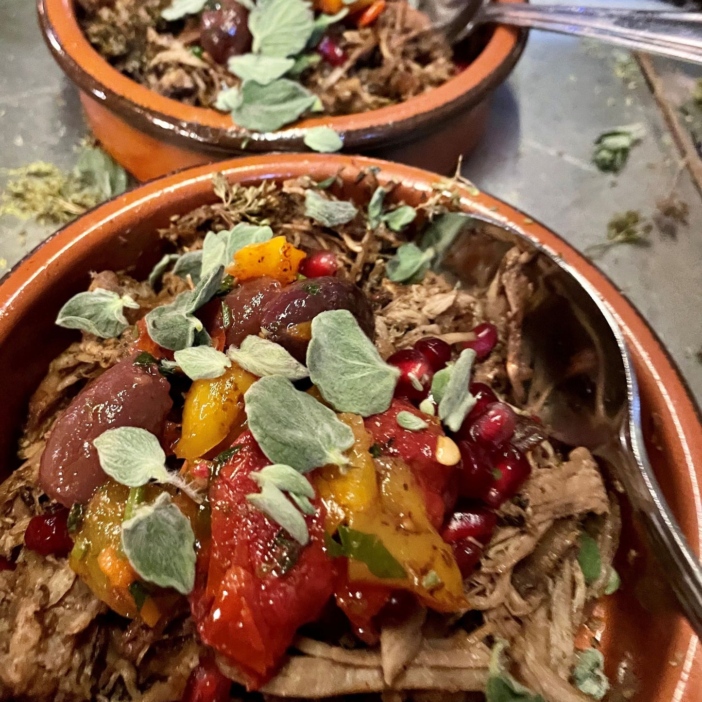 Brown round clay dish with meat, vegetables, pomegranate seeds and marjoram leaves