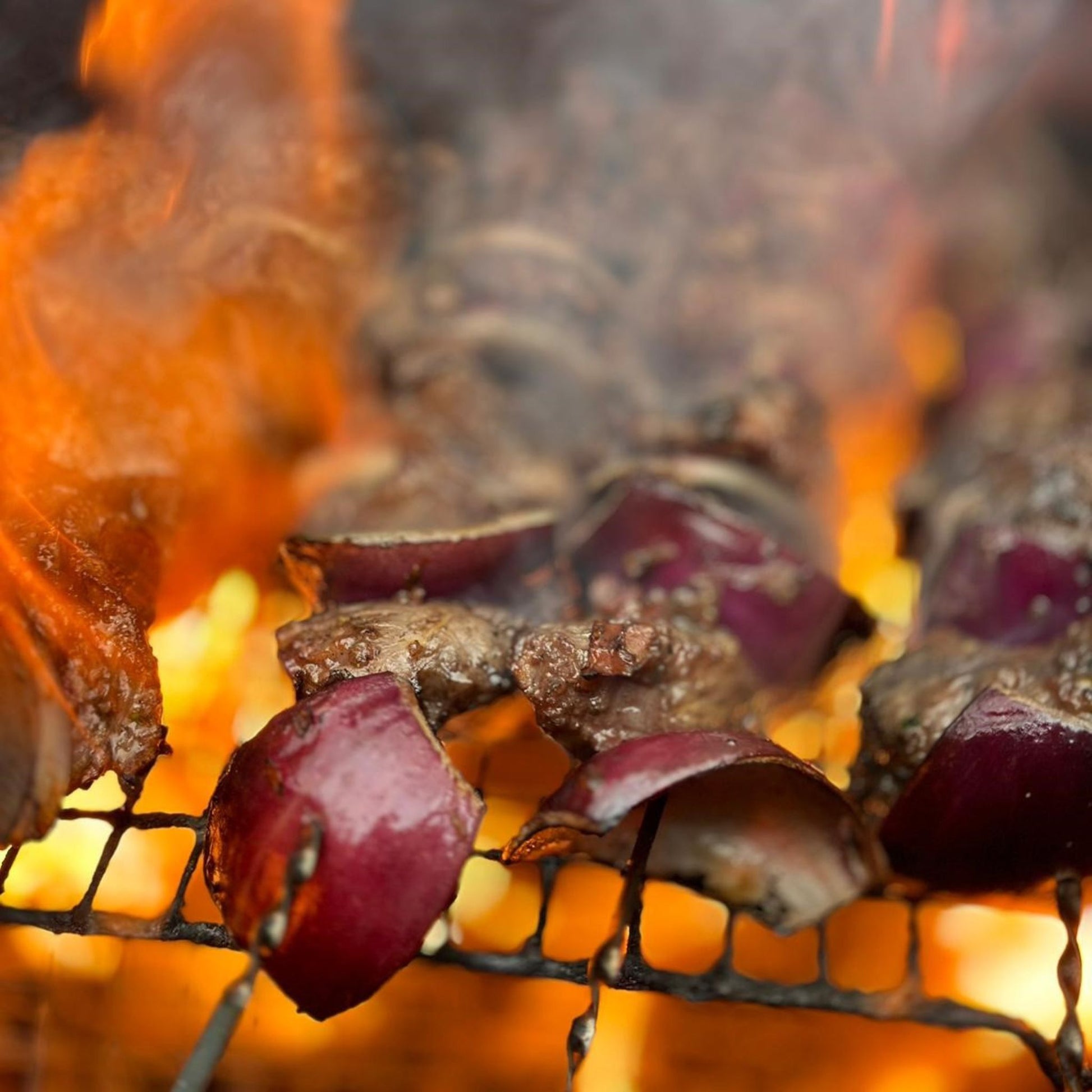 Onions and meat cooking over the live flames