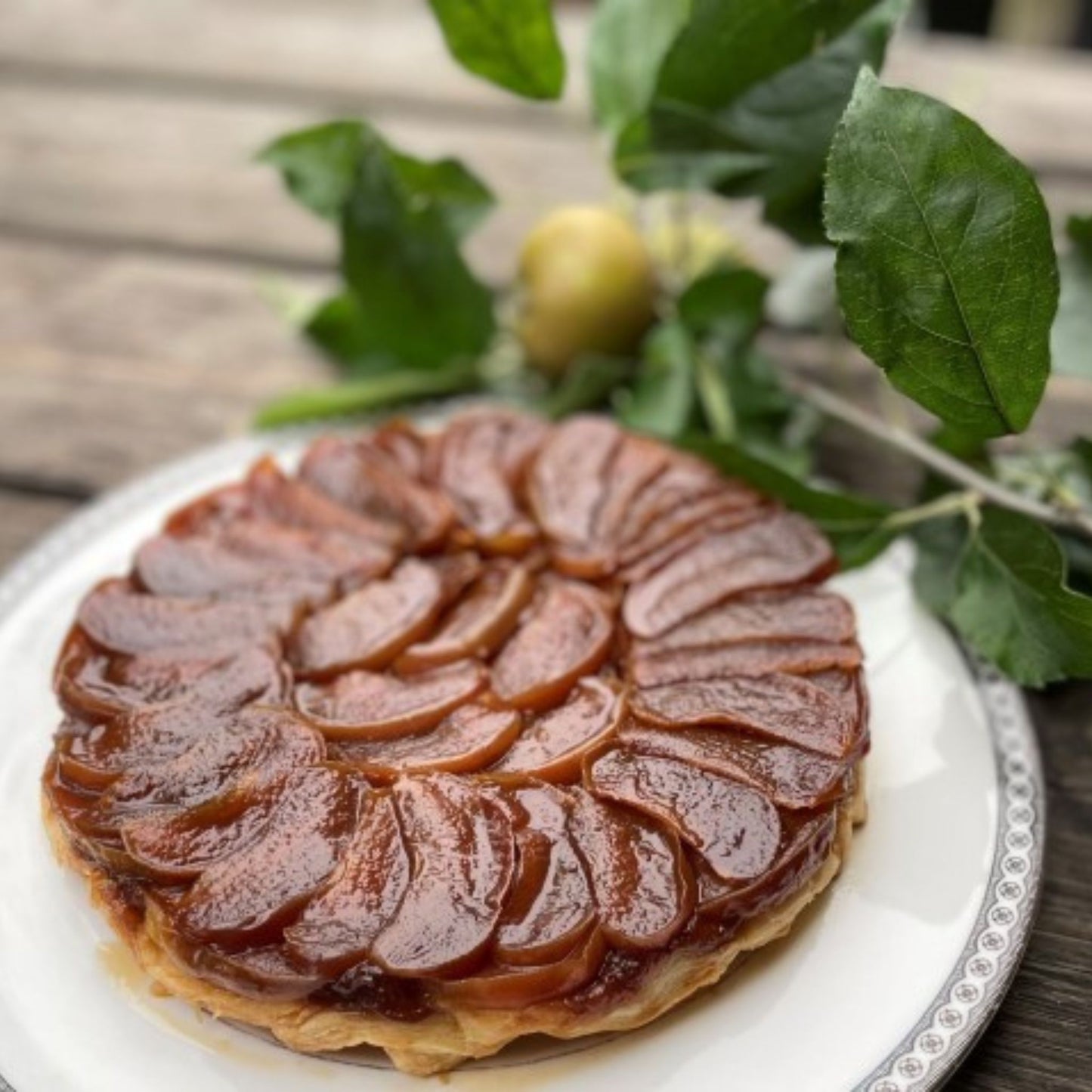 Apple tarte tartin on a white plate with a branch of apple tree